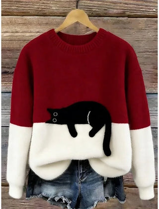 Lina Relaxed Cat Print Sweater in Wine Red