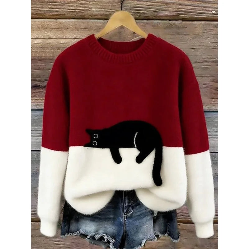 Lina Relaxed Cat Print Sweater in Wine Red