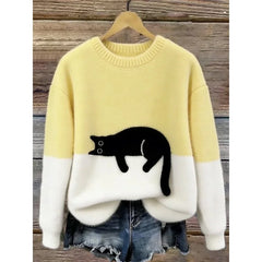 Lina Relaxed Cat Print Sweater in Yellow