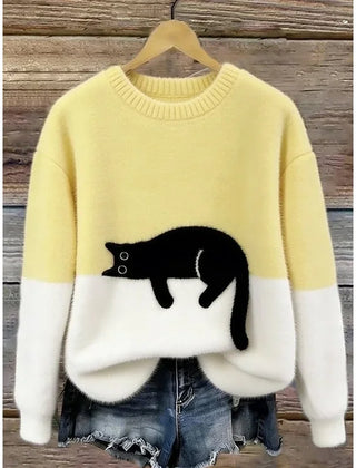 Lina Relaxed Cat Print Sweater in Yellow