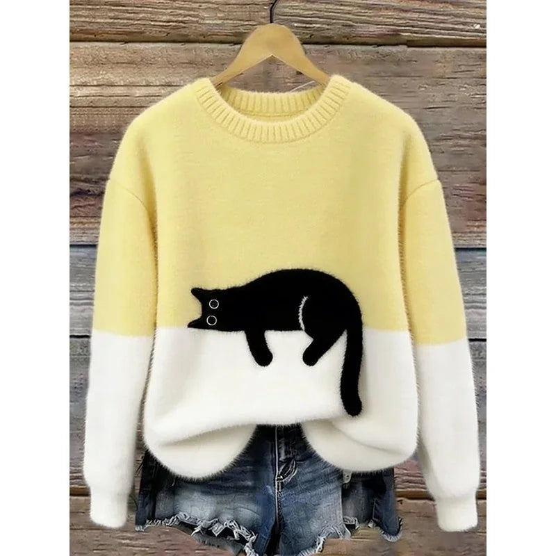 Lina Relaxed Cat Print Sweater in Yellow