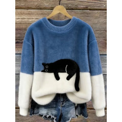 Lina Relaxed Cat Print Sweater in Blue