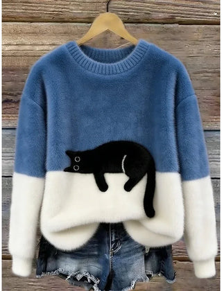 Lina Relaxed Cat Print Sweater in Blue