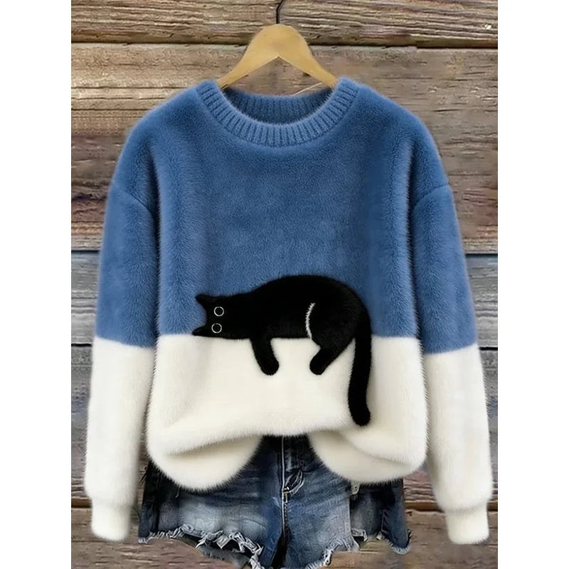 Lina Relaxed Cat Print Sweater in Blue