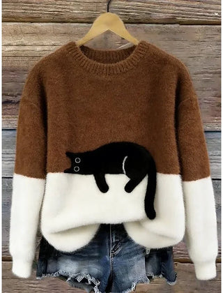 Lina Relaxed Cat Print Sweater in Brown