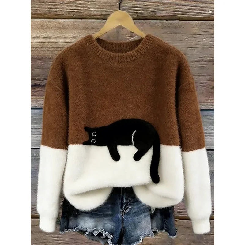 Lina Relaxed Cat Print Sweater in Brown