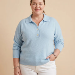 Collared Polo Sweater worn by a woman with curves