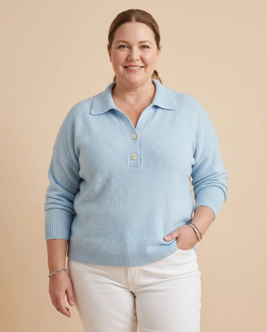 Collared Polo Sweater worn by a woman with curves