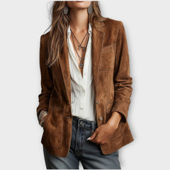 Loretta structured blazer in brown, worn front