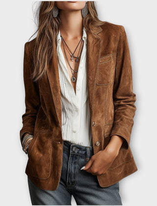Loretta structured blazer in brown, worn front