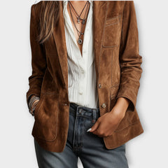 Loretta structured blazer in brown, worn front detail