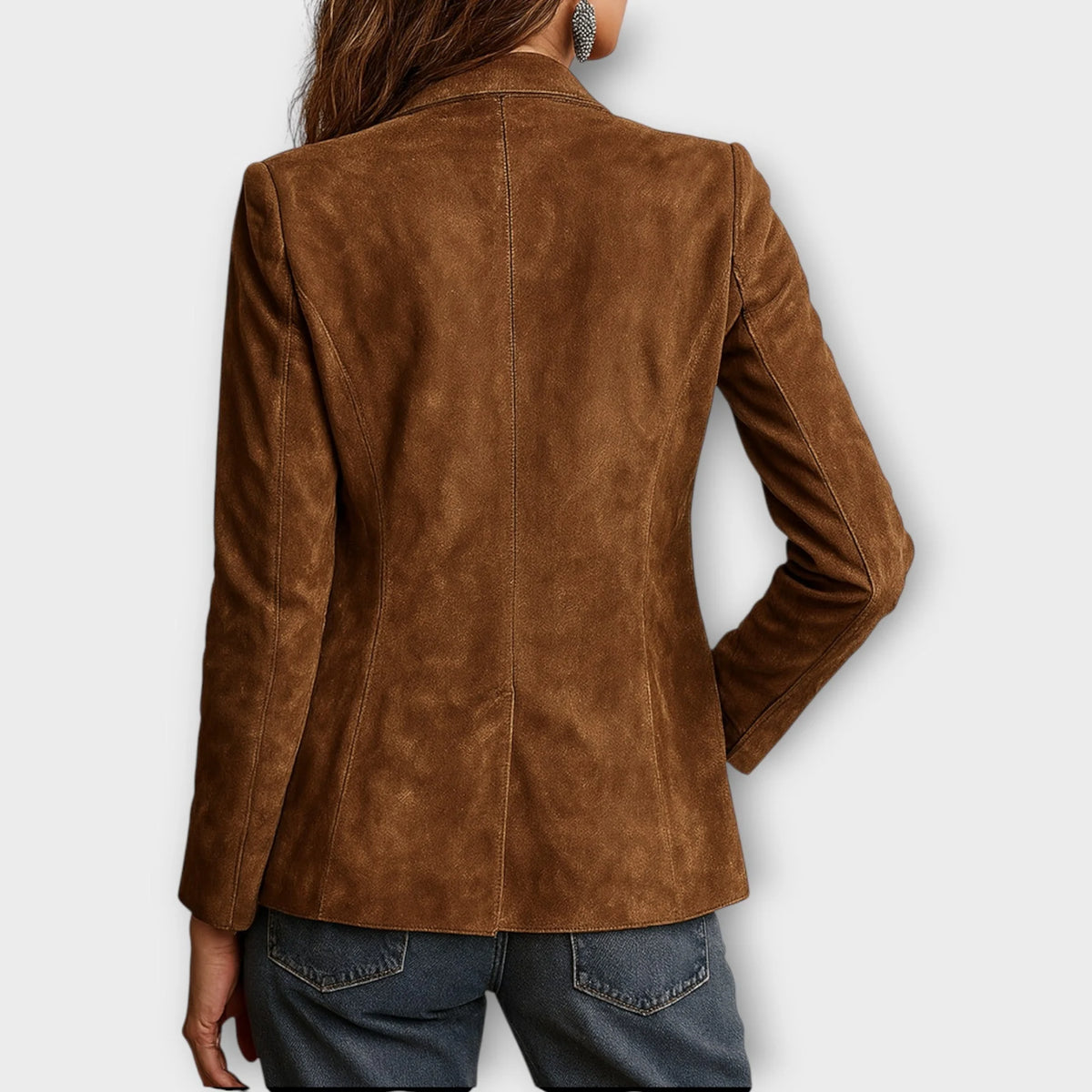 Loretta structured blazer in brown, worn back
