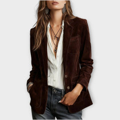 Loretta structured blazer in dark brown, worn front