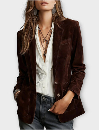 Loretta structured blazer in dark brown, worn front