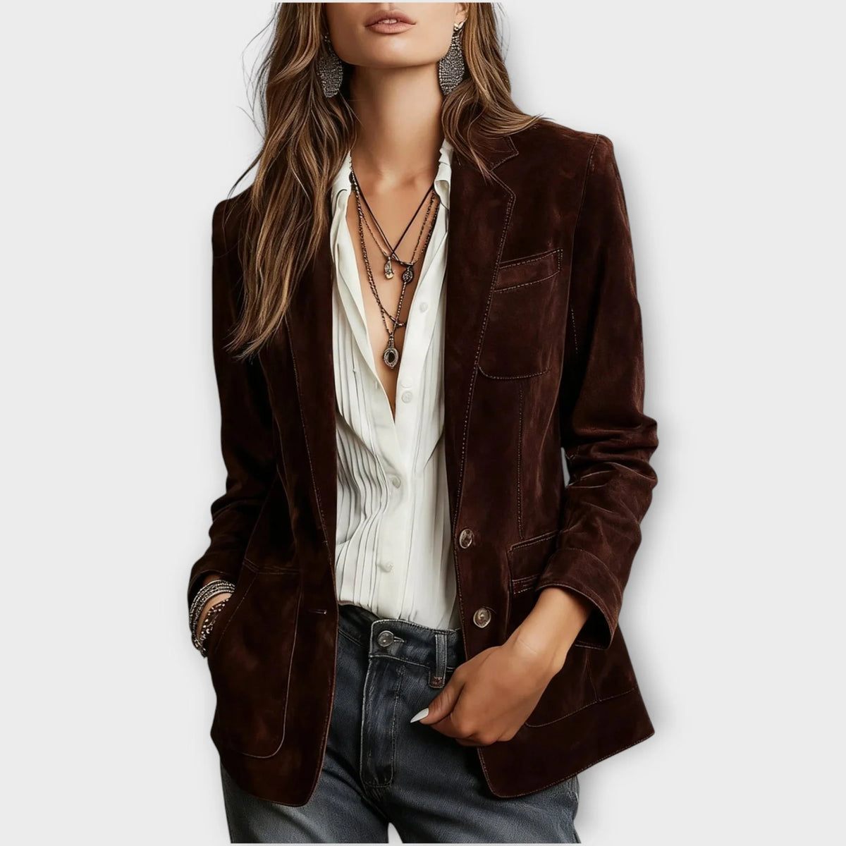 Loretta structured blazer in dark brown, worn front