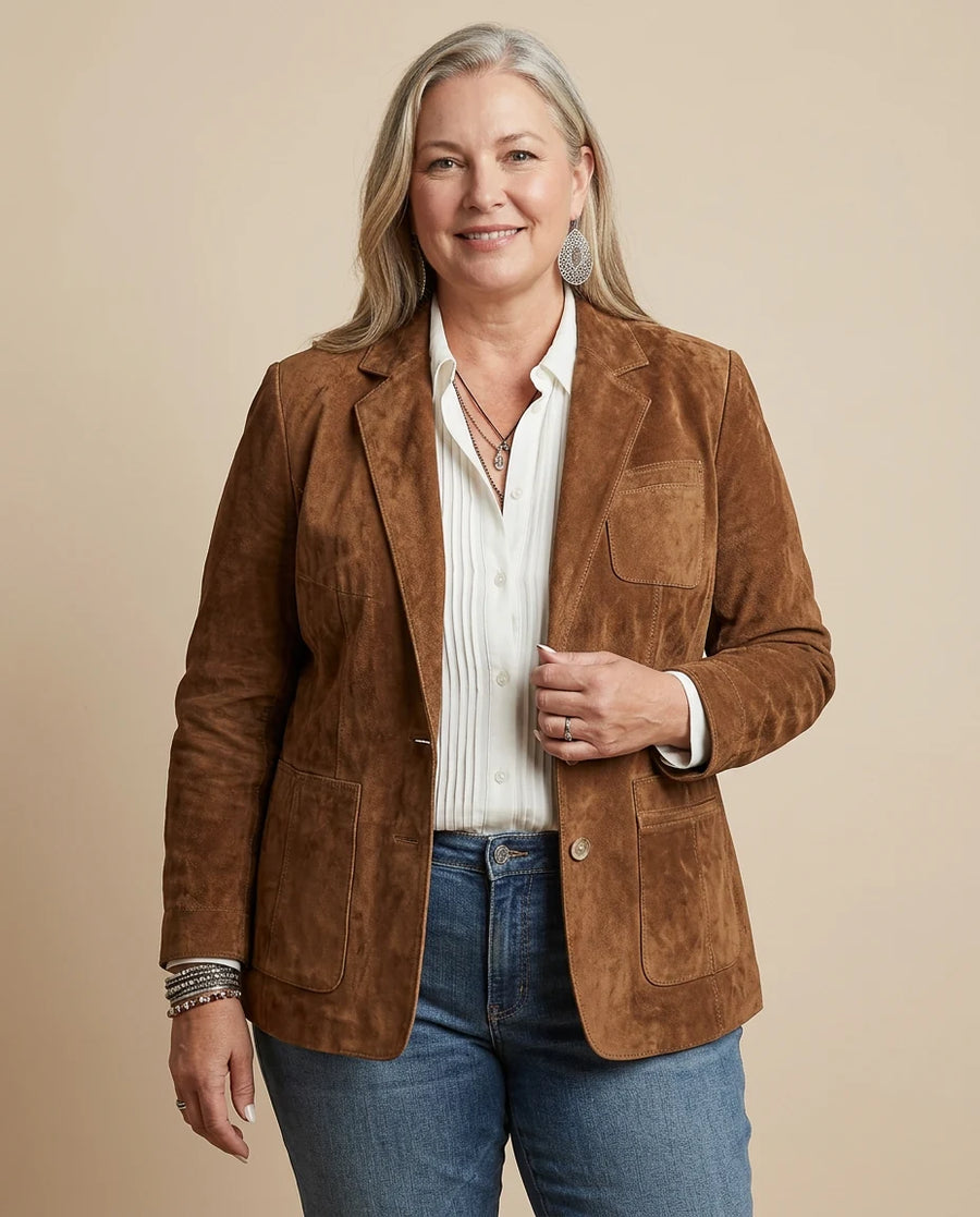 Loretta | Button-Front Structured Blazer worn by a woman with curves