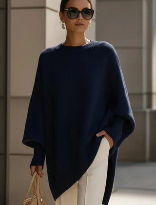 Lucia oversized asymmetric hem sweater in navy, worn
