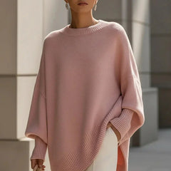 Lucia oversized asymmetric hem sweater in pink, worn