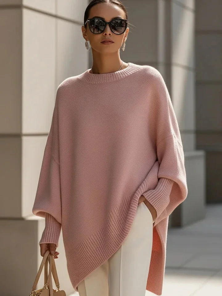 Lucia oversized asymmetric hem sweater in pink, worn