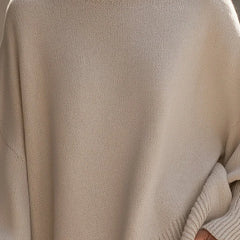 Lucia oversized asymmetric hem sweater in beige, neckline detail