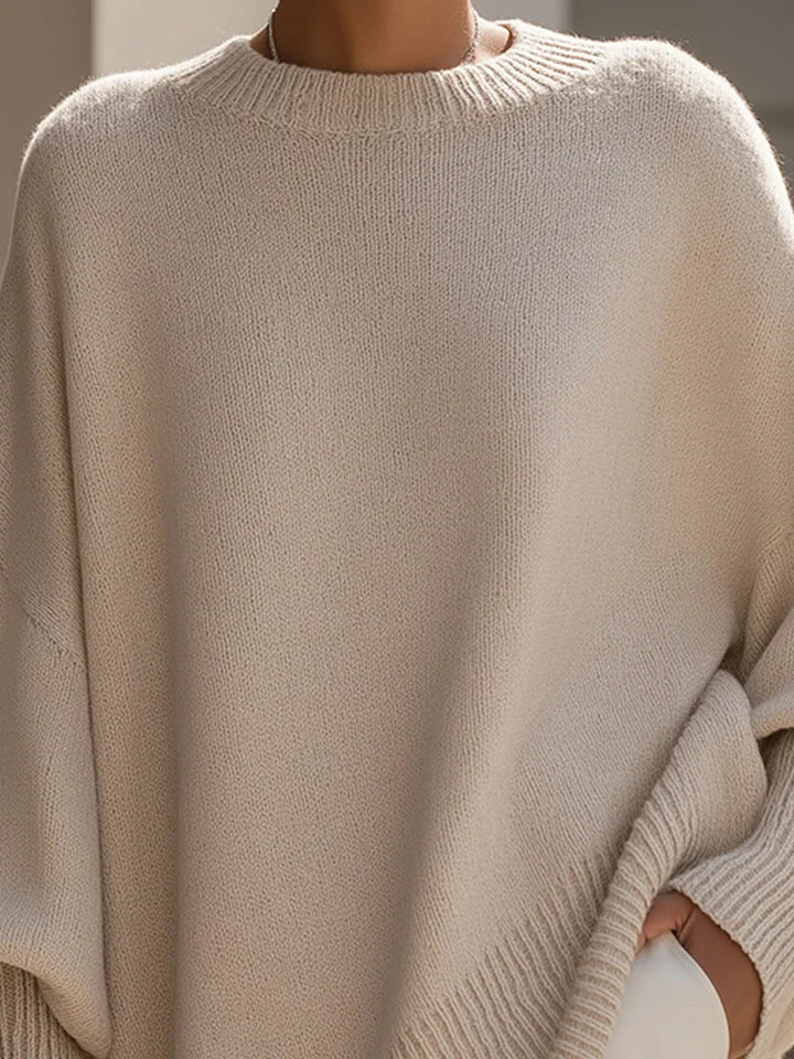 Lucia oversized asymmetric hem sweater in beige, neckline detail