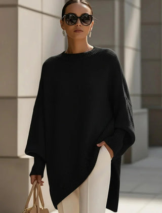 Lucia oversized asymmetric hem sweater in black, worn