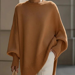 Lucia oversized asymmetric hem sweater in camel, worn