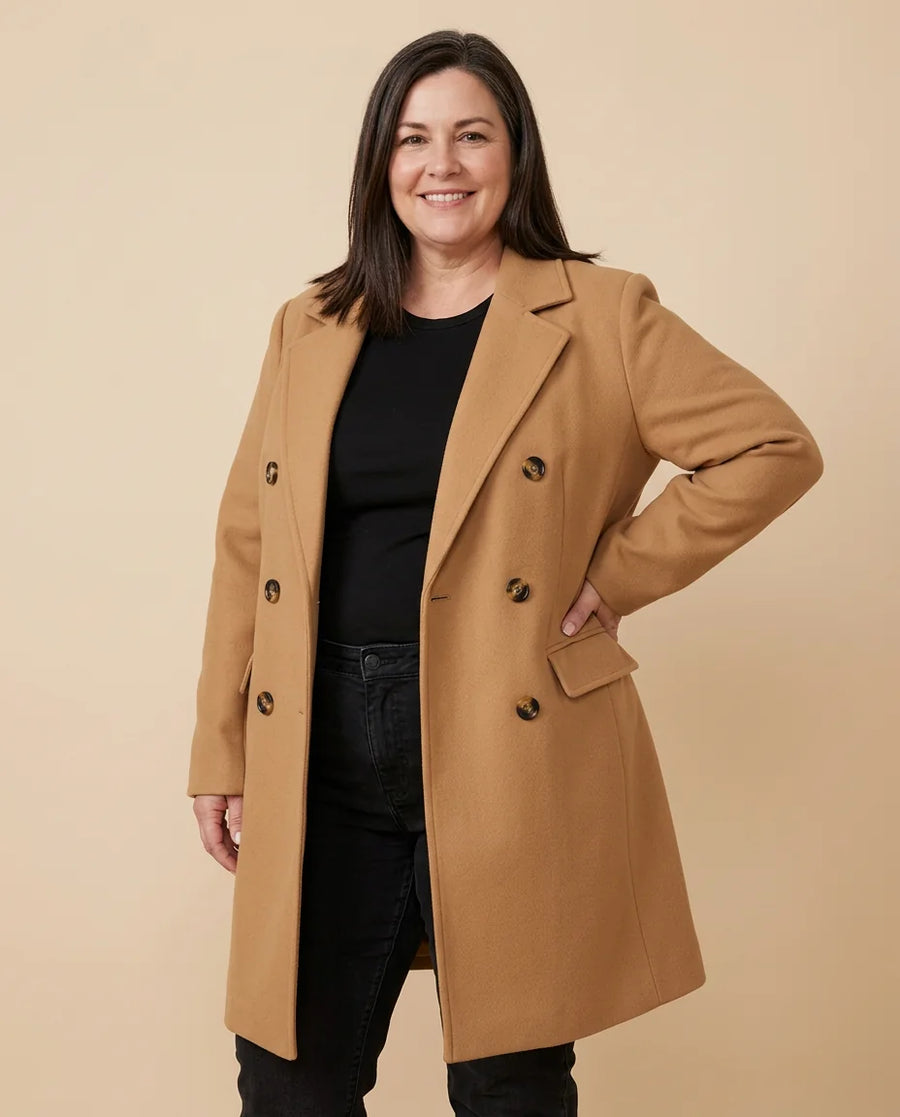 Double-Breasted Notch Collar Coat worn by a woman with curves