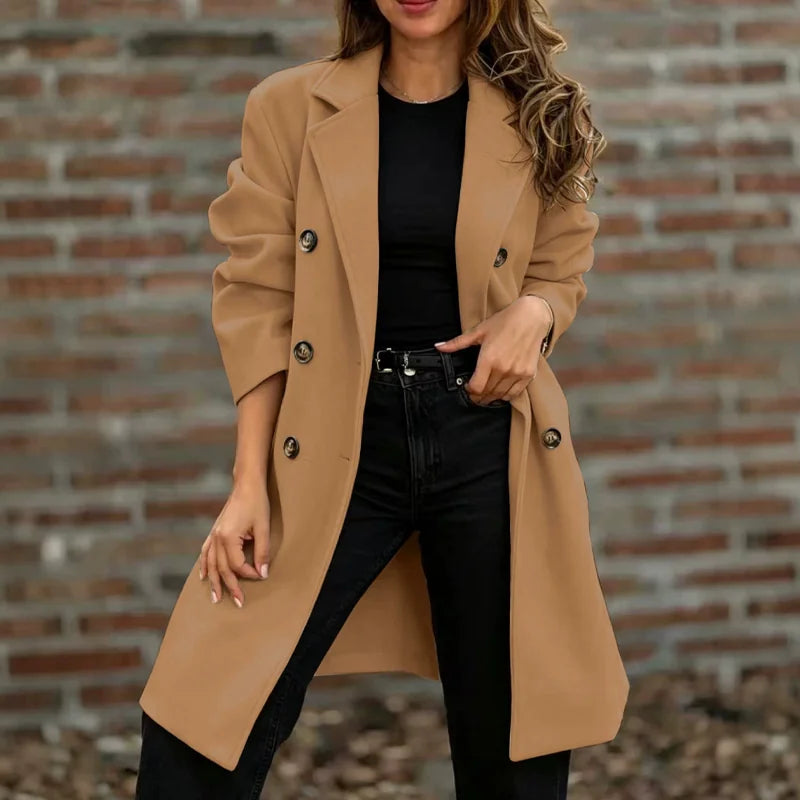 Double-Breasted Notch Collar Coat in Camel