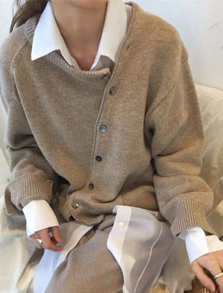 Margot Asymmetrical Button Cardigan in Brown, front view