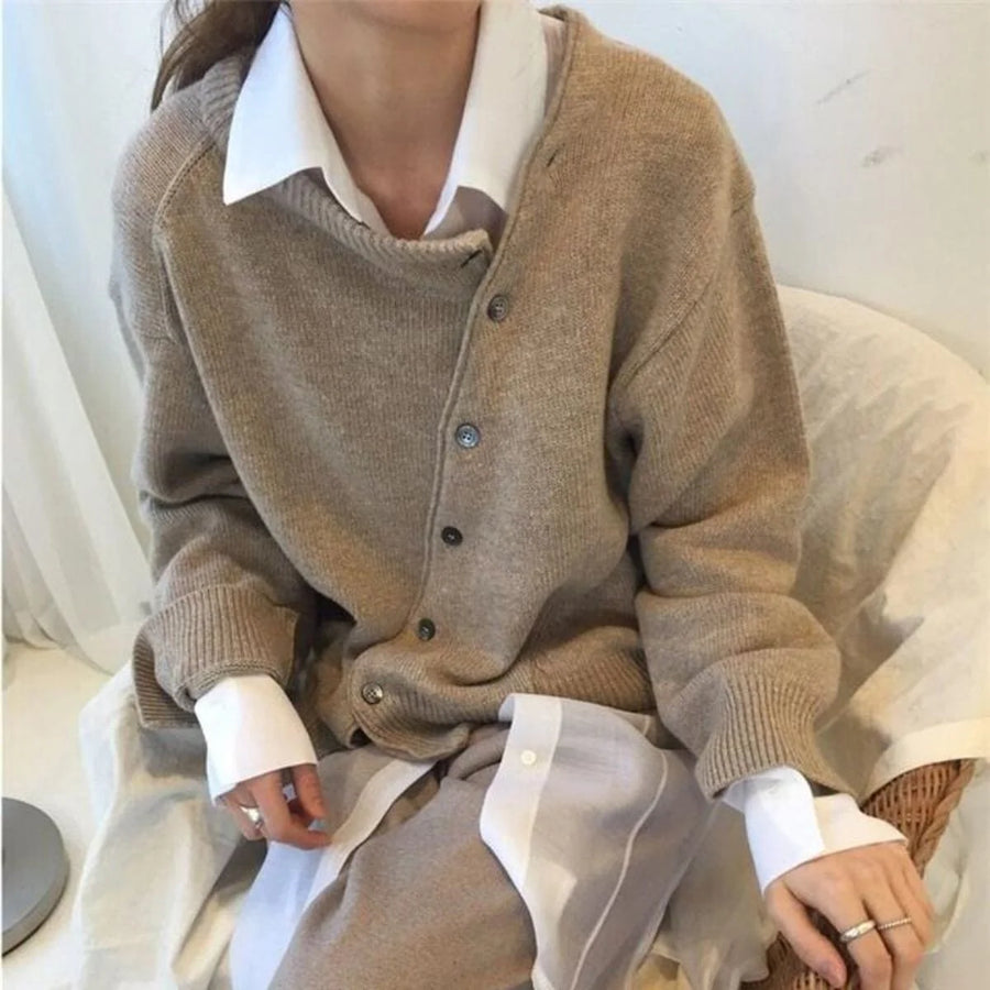 Margot Asymmetrical Button Cardigan in Brown, front view