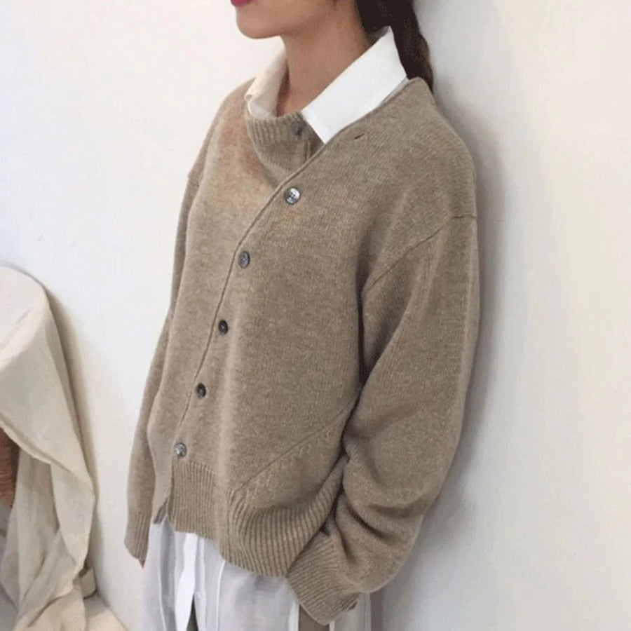 Margot Asymmetrical Button Cardigan in Brown, side view