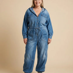 Utility Jumpsuit with Hood worn by a woman with curves