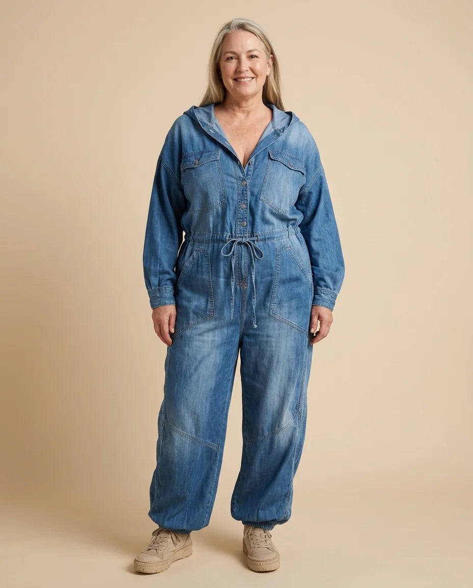 Utility Jumpsuit with Hood worn by a woman with curves