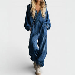 Utility Jumpsuit with Hood in Dark Blue