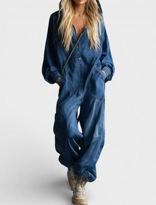 Utility Jumpsuit with Hood in Dark Blue