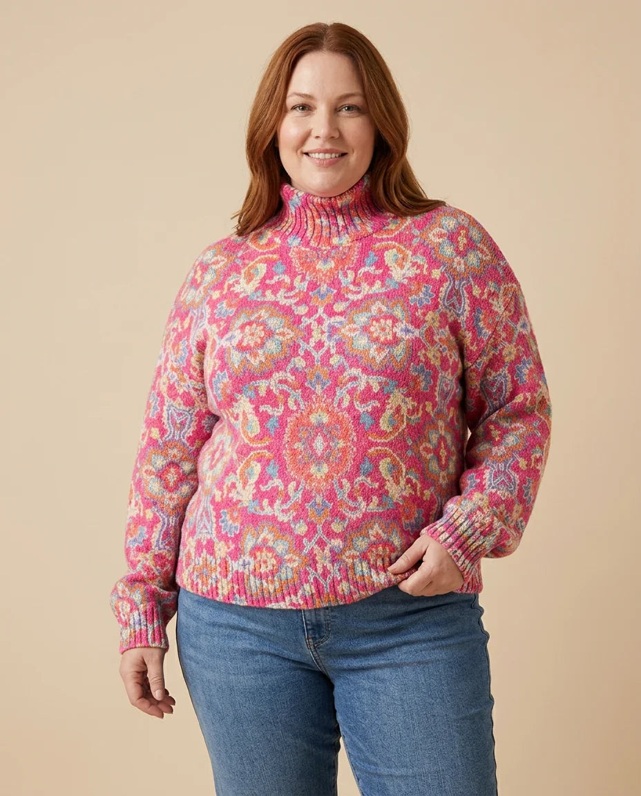 Paisley Pattern Turtleneck Sweater worn by a woman with curves
