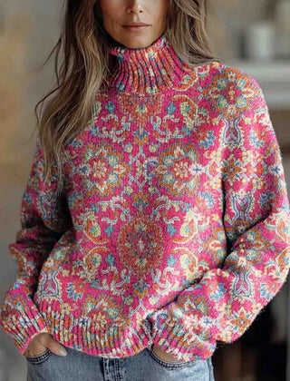 Paisley Pattern Turtleneck Sweater in Pink Paisley