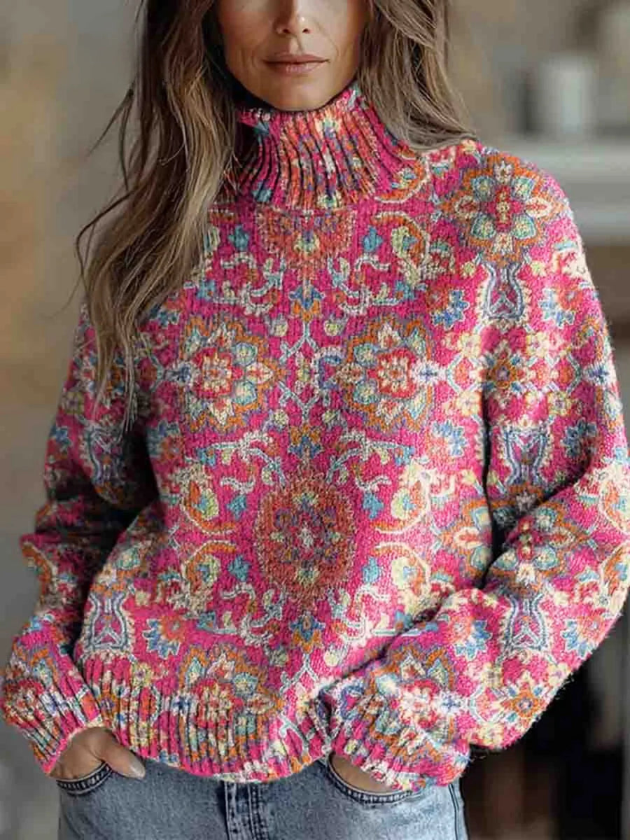 Paisley Pattern Turtleneck Sweater in Pink Paisley