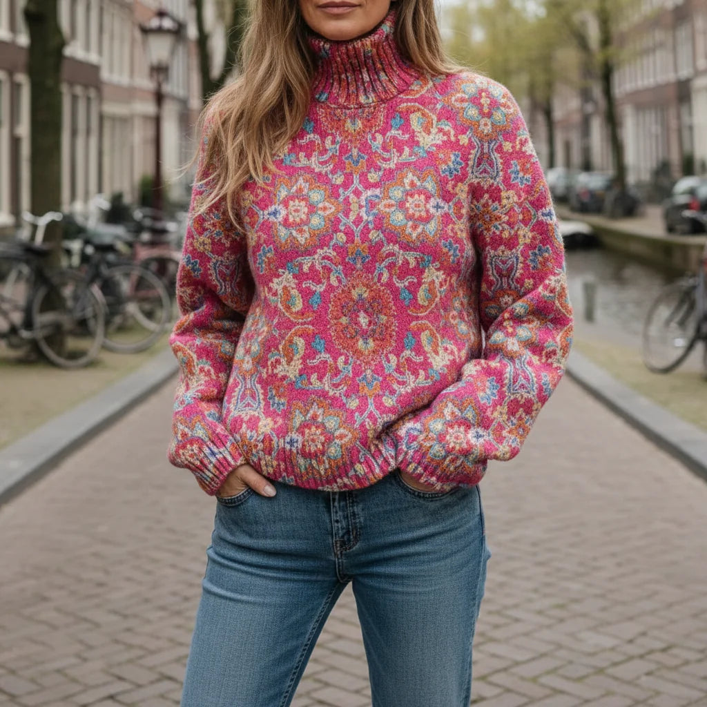Paisley Pattern Turtleneck Sweater in Pink Paisley