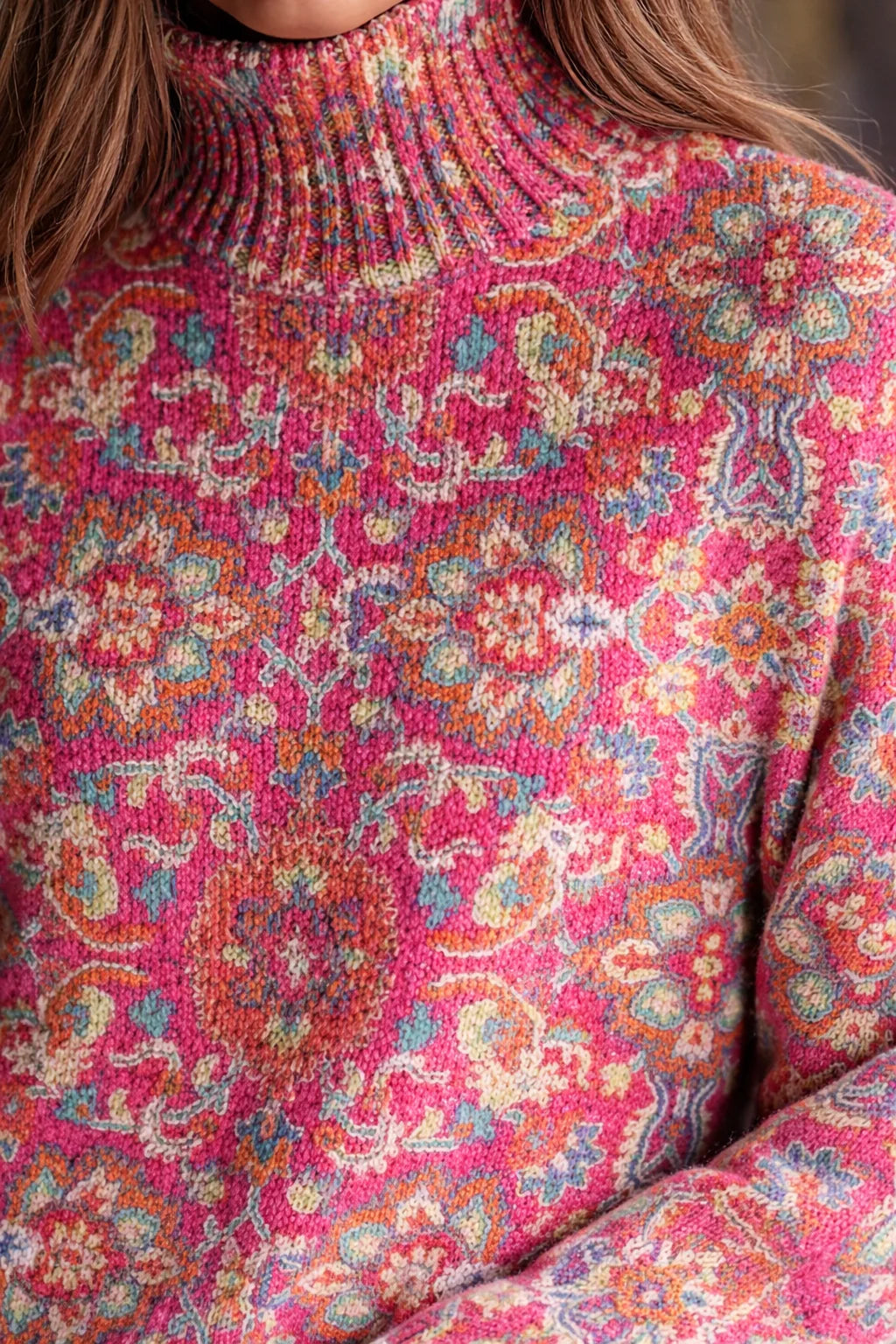 Paisley Pattern Turtleneck Sweater in Pink Paisley