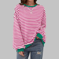 Marley Retro Striped Oversized Sweatshirt in Rose Red