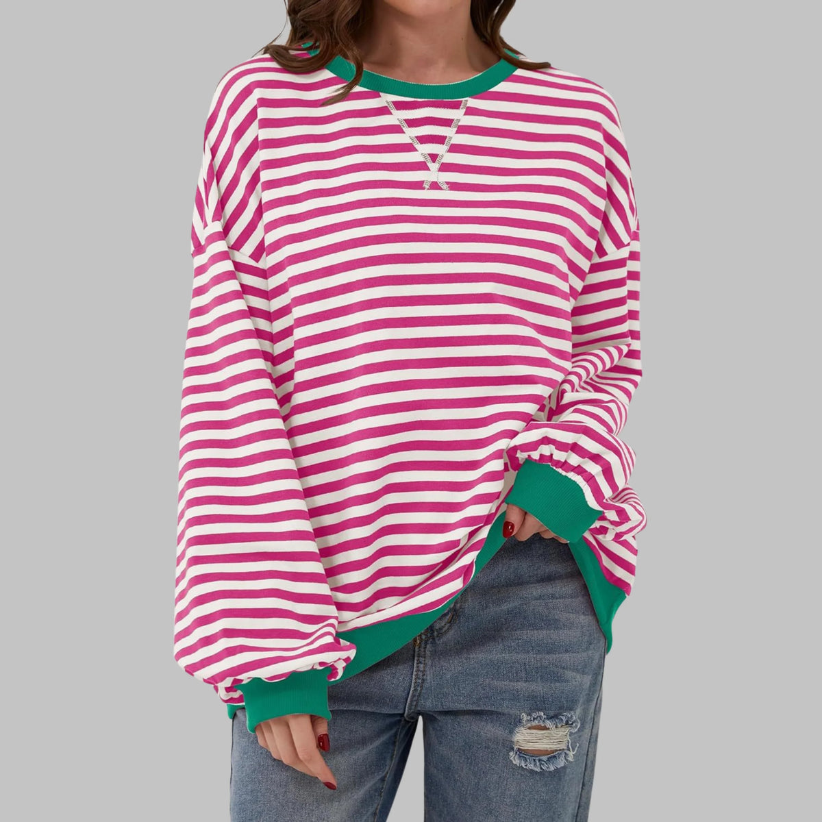 Marley Retro Striped Oversized Sweatshirt in Rose Red