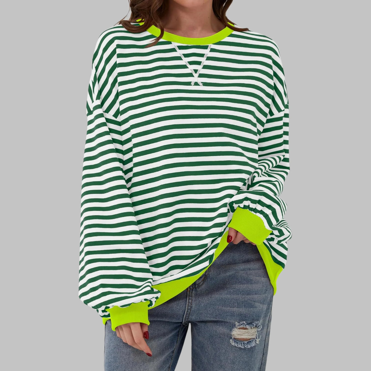 Marley Retro Striped Oversized Sweatshirt in Dark Green