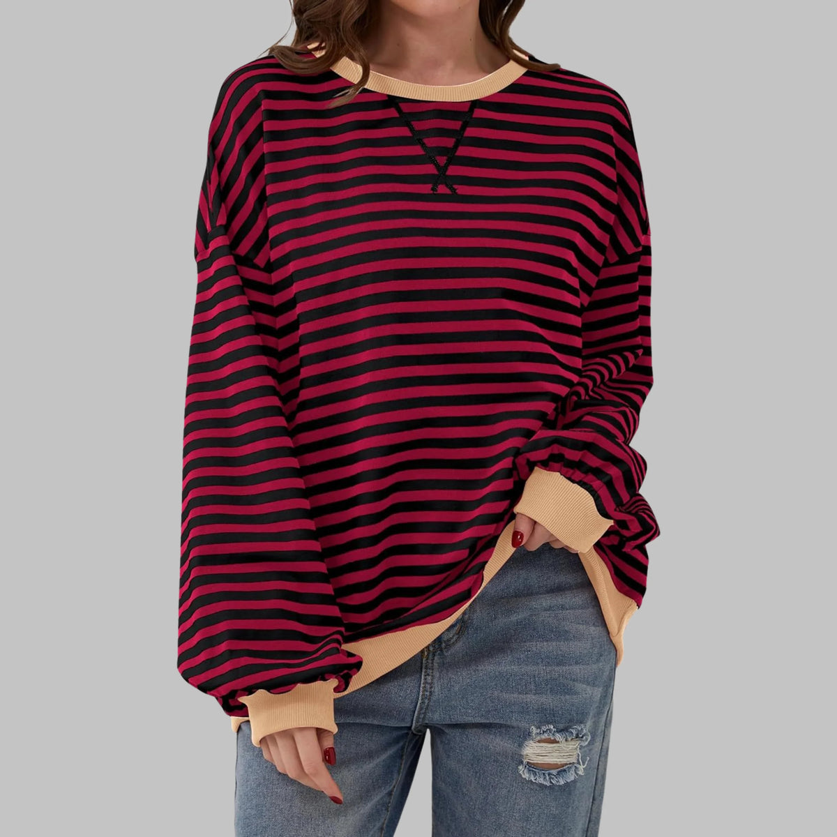 Marley Retro Striped Oversized Sweatshirt in Burgundy