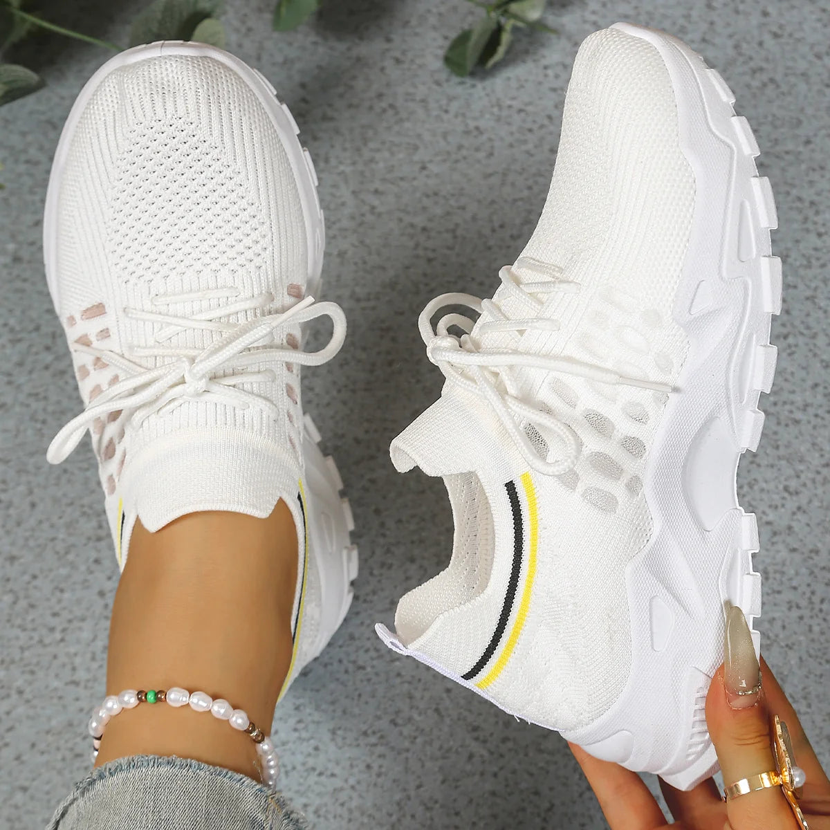 Chunky Mesh Sneakers in White & Yellow