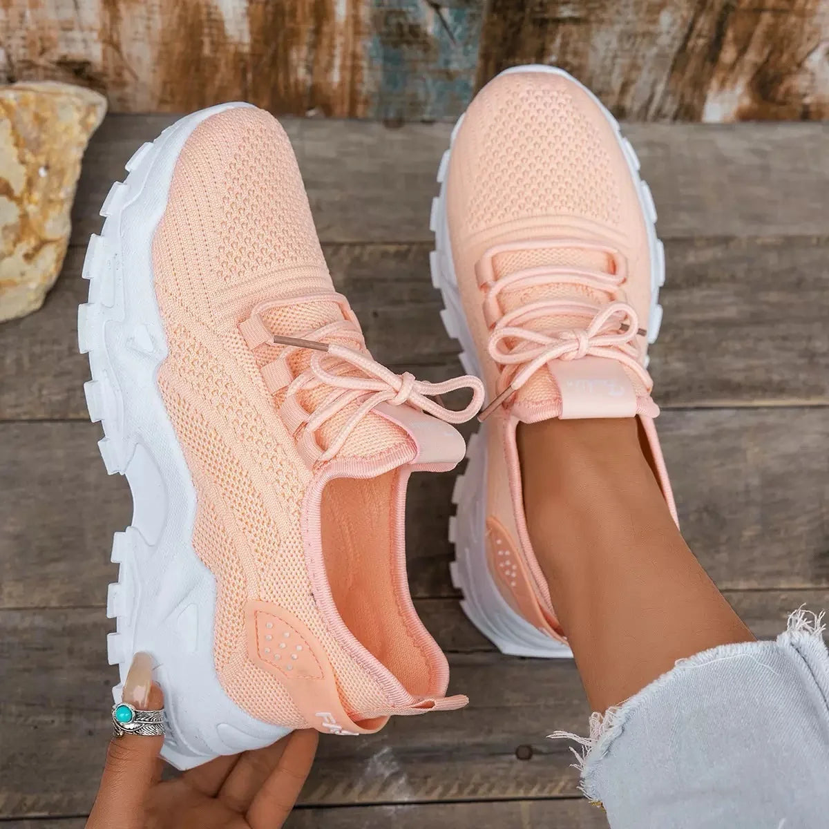 Chunky Mesh Sneakers in Peach