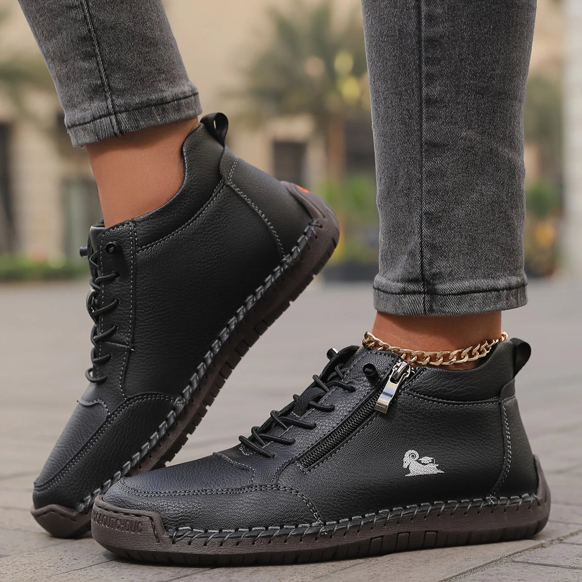 Side-Zip Lace-Up Sneakers in Black