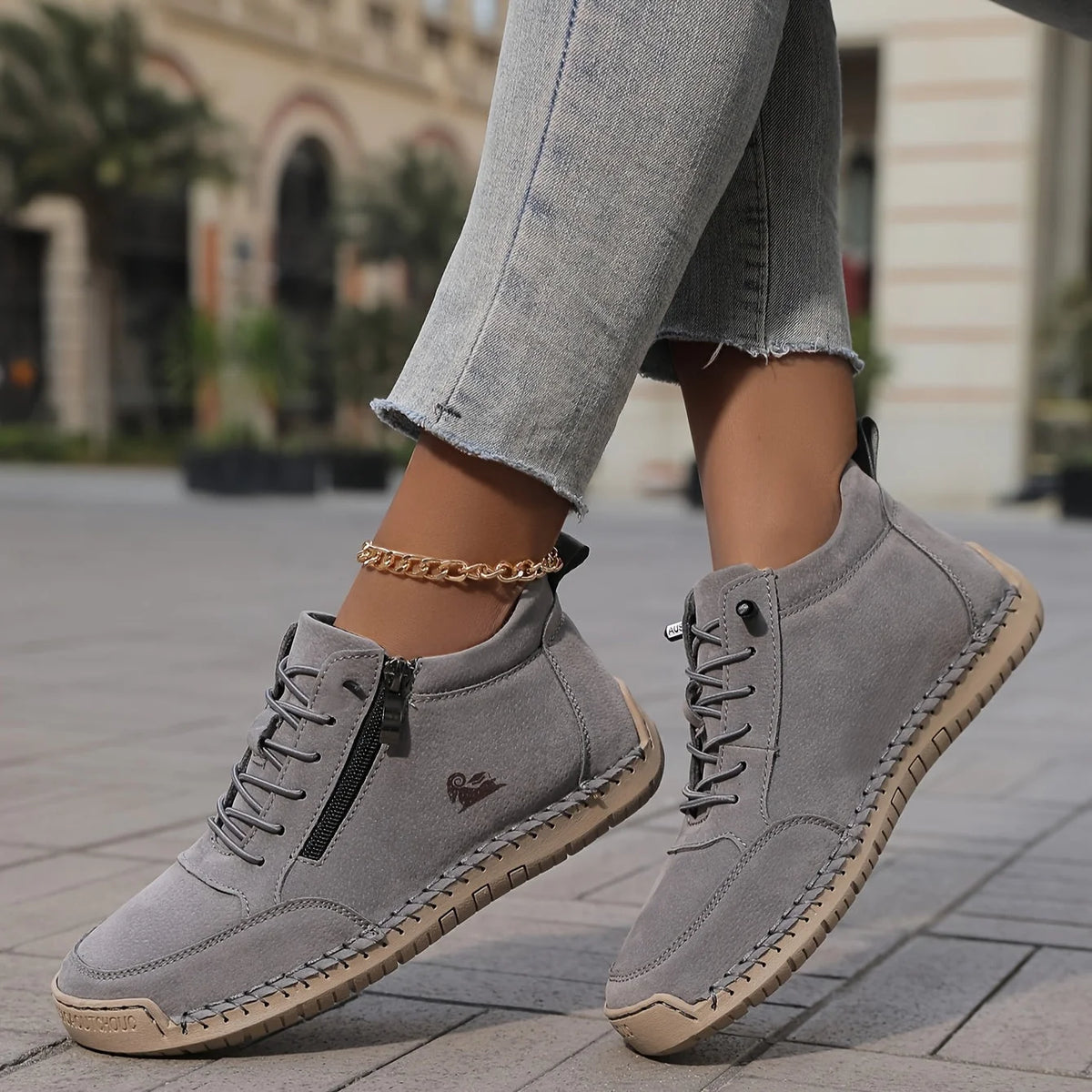 Side-Zip Lace-Up Sneakers in Gray