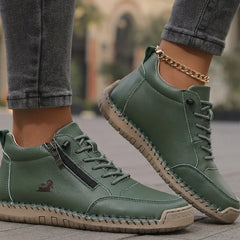 Side-Zip Lace-Up Sneakers in Dark Green